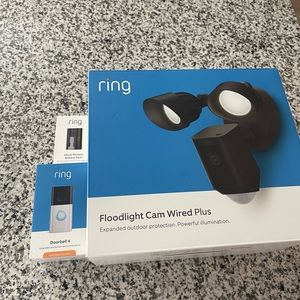 Ring doorbell, back up battery, and wired floodlight.